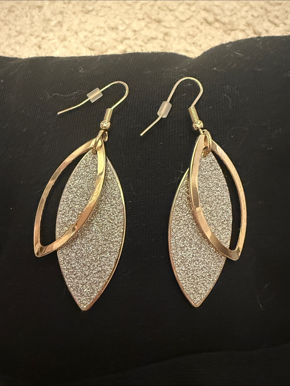 Gold Tone and Silver Glitter Leaf Drop Earrings Fashion